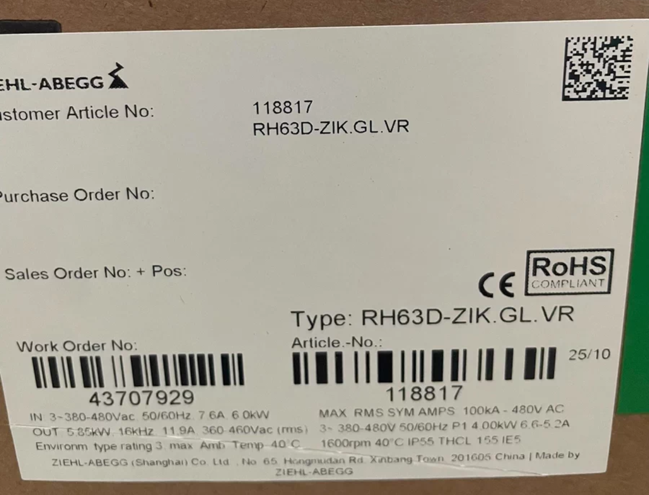 RH63D-ZIK.GL.VR(Art No:118817) ZIEHL-ABEGG centrifugal fan 380-480V 4.0kW 6.6/5.2A 1600rpm