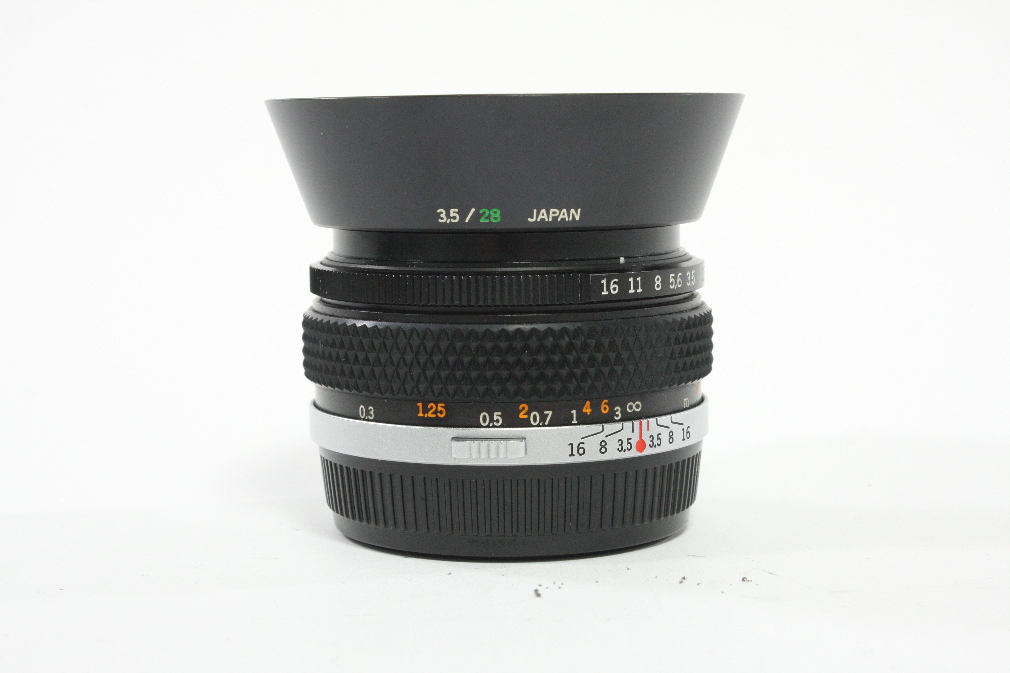 Olympus 28mm f/3.5 Auto-W G. Zuiko Lens for OM Mount with Case and Hood