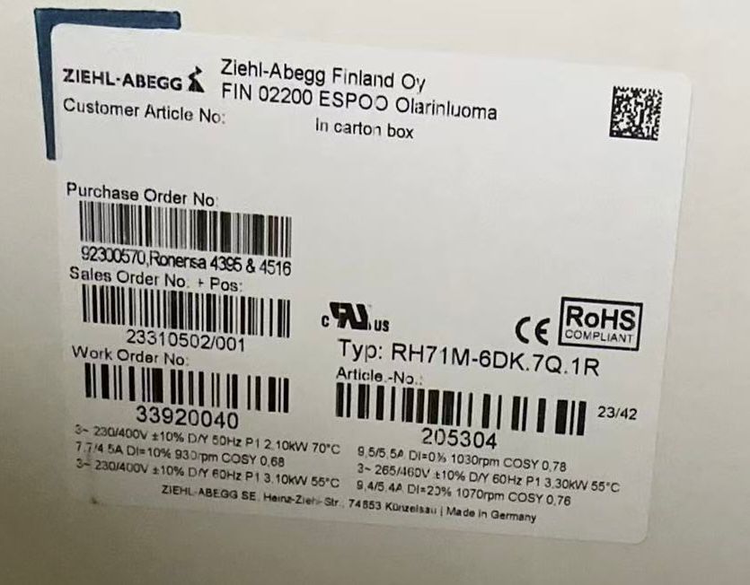 Brand new RH71M-6DK.7Q.1R(Art No:205204) ZIEHL-ABEGG centrifugal fan for Simens LDZ10501652 converter 3.3kW 5.4A 1070RPM