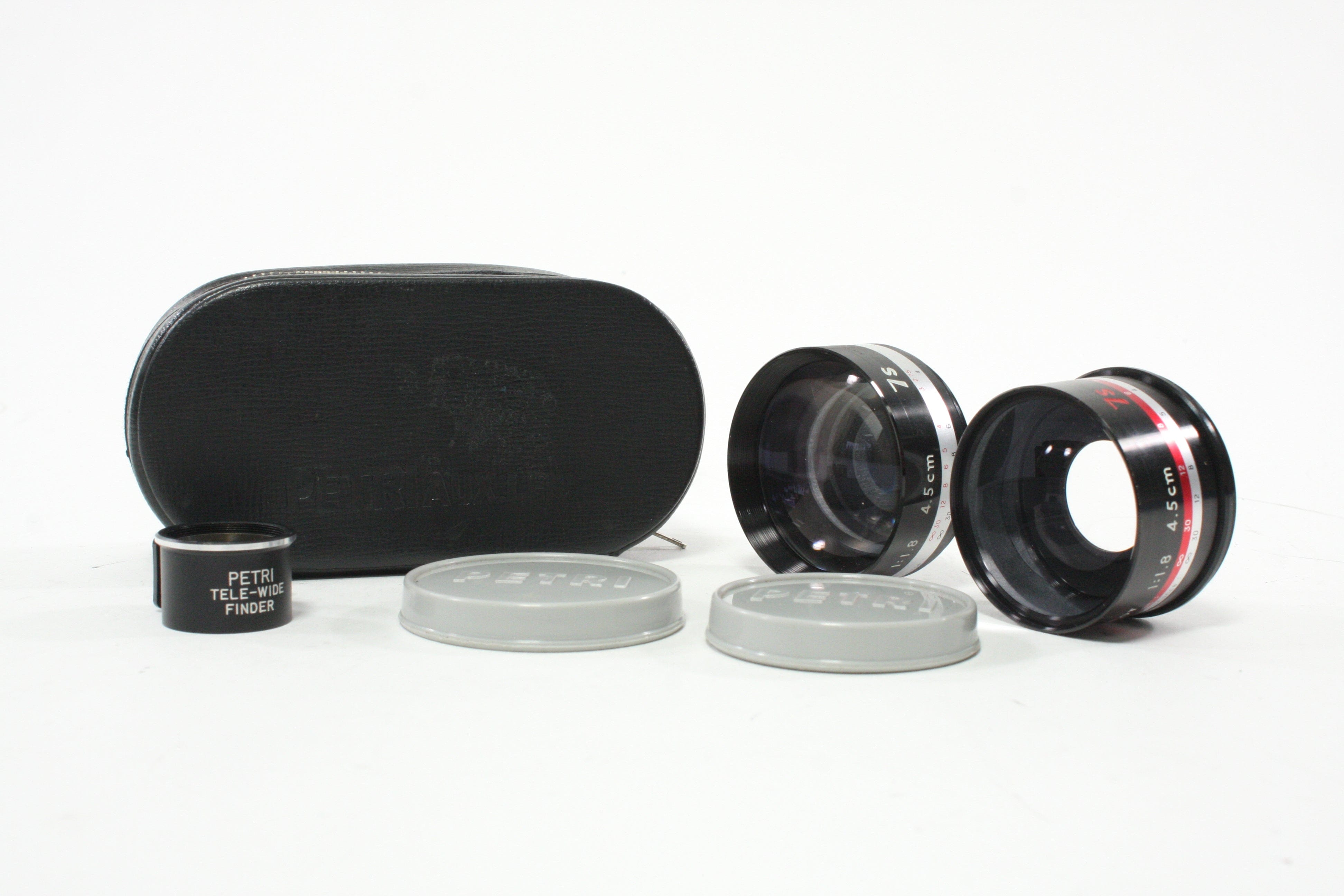 Petri AUX Lens Set with Tele-Wide Finder 75 Wide & 75 Tele for 45mm f/1.8 with Case