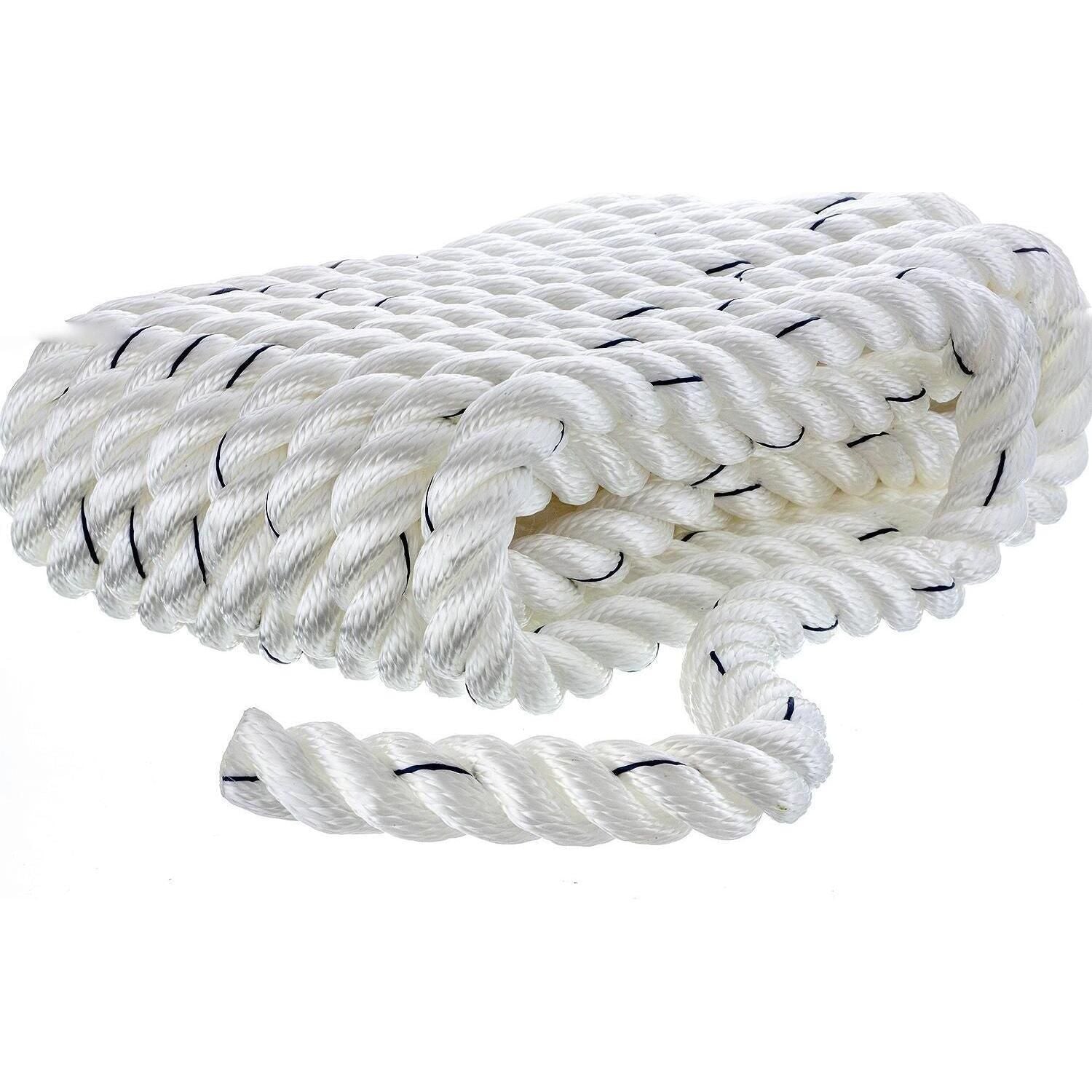 Seachoice 47631 Premium 3 Strand Twisted Nylon Dock Line, White w/ Blue Tracer, 3/4" x 25'