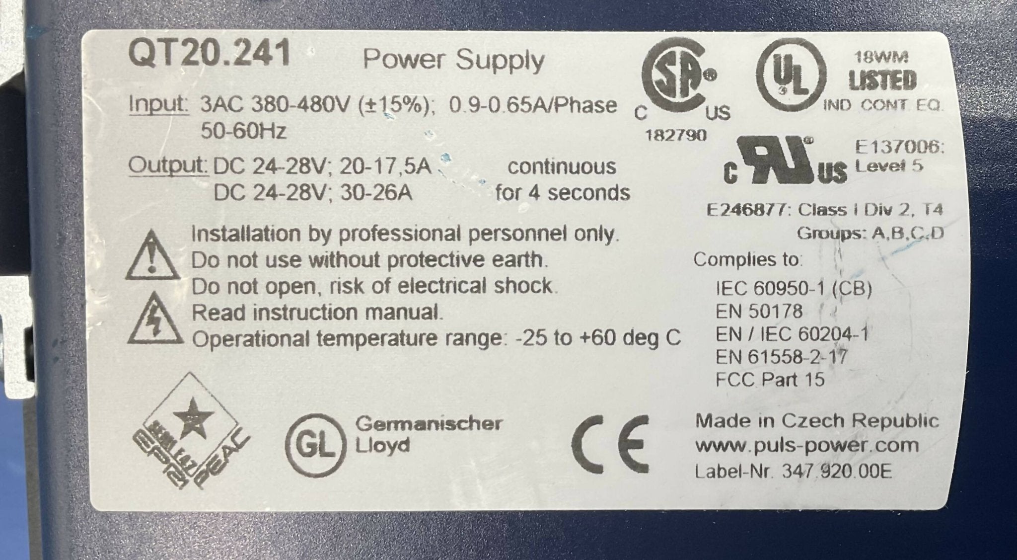 PULS DIMENSION POWER SUPPLY (U2 (QT20.241 SIEMENS