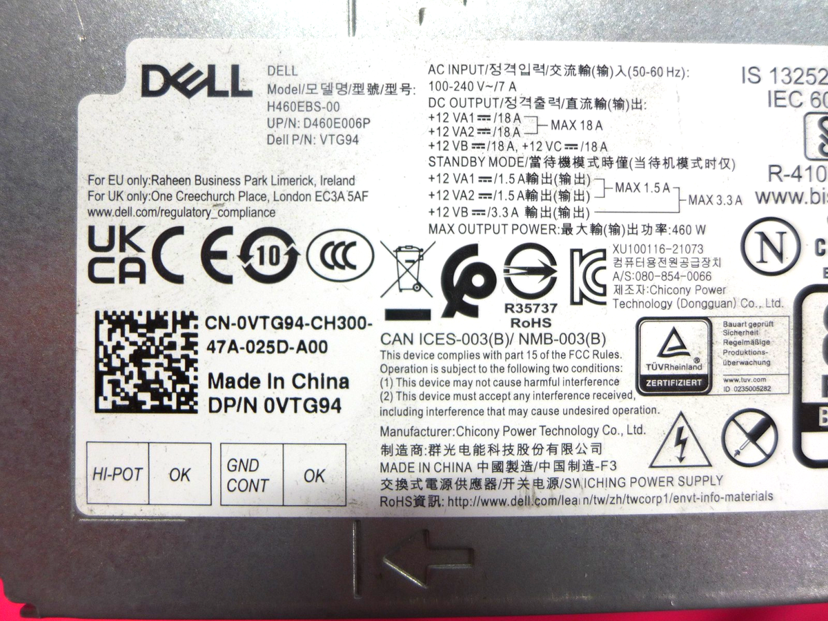 Genuine Dell XPS 8960 460W 80 Plus Bronze Power Supply H460EBS-00 VTG94|365949447827