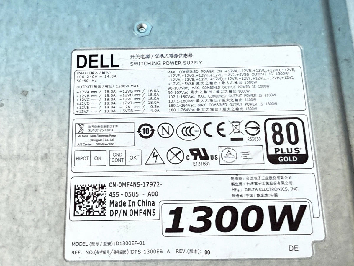 Dell 1300W Server Power Supply DPS-1300EB A D1300EF-01 0MF4N5 80+ Gold Hot-Swap