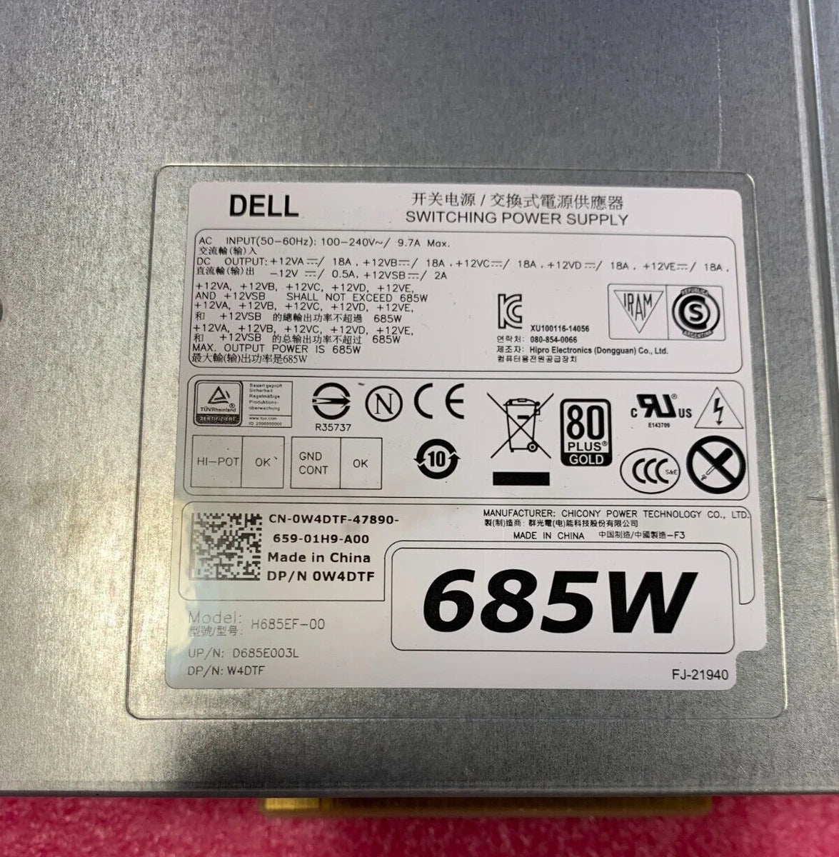 Dell 0K8CDY/0CYP9P/0W4DTF/0KTMT8 685W Power Supply for Precision T5810 T7810