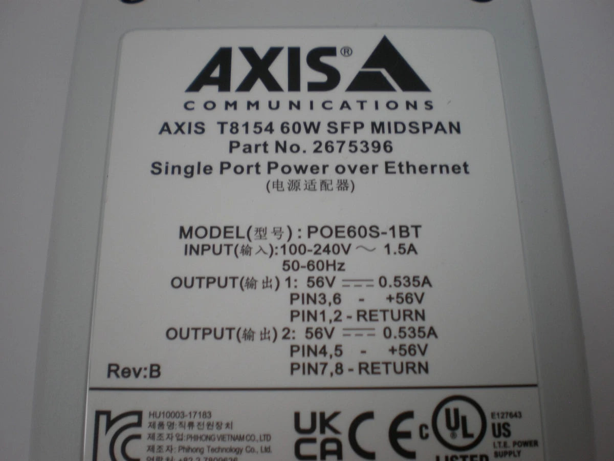 AXIS COMMUNICATION, T8154 60W SFP MIDSPAN, POE60S-1BT, 2675396, 56V|186668775291