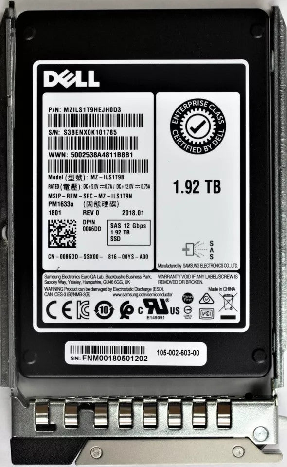 086DD 0086DD Dell Enterprise 1.92TB 2.5''SAS 12Gbps Hotplug SSD 14/15/16G KIT