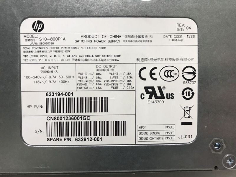 HP Z620 power supply 717019-001 623194-002 S10-800P1A 800W|175494707034