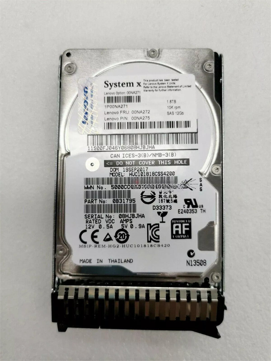 00NA271 00NA272 Lenovo 1.8TB 10K 12GBps SAS 2.5" G3HS 512e HDD Hard Drive