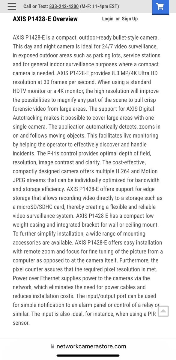 Axis P1428-E 4K Ultra HD Network Surveillance Camera 8.3 MP Day Night 0637-001|266216955625