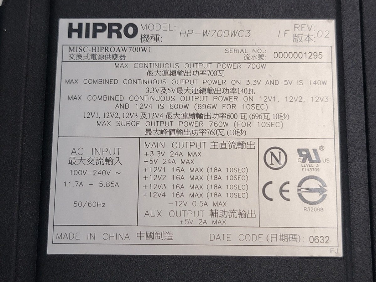 Hipro Power Supply Model HP-W700WC3 Max Output 700W MISC-HIPROAW700W1 50/60Hz|225932431131