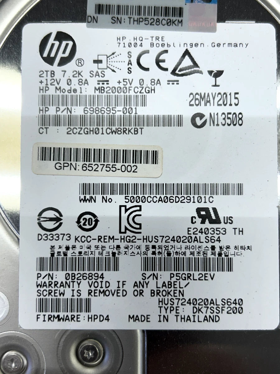 HP MB2000FCZGH 698695-001 2TB HUS724020ALS640 7200U/min 64MB SAS 3.5" w/ Caddy|326859364684