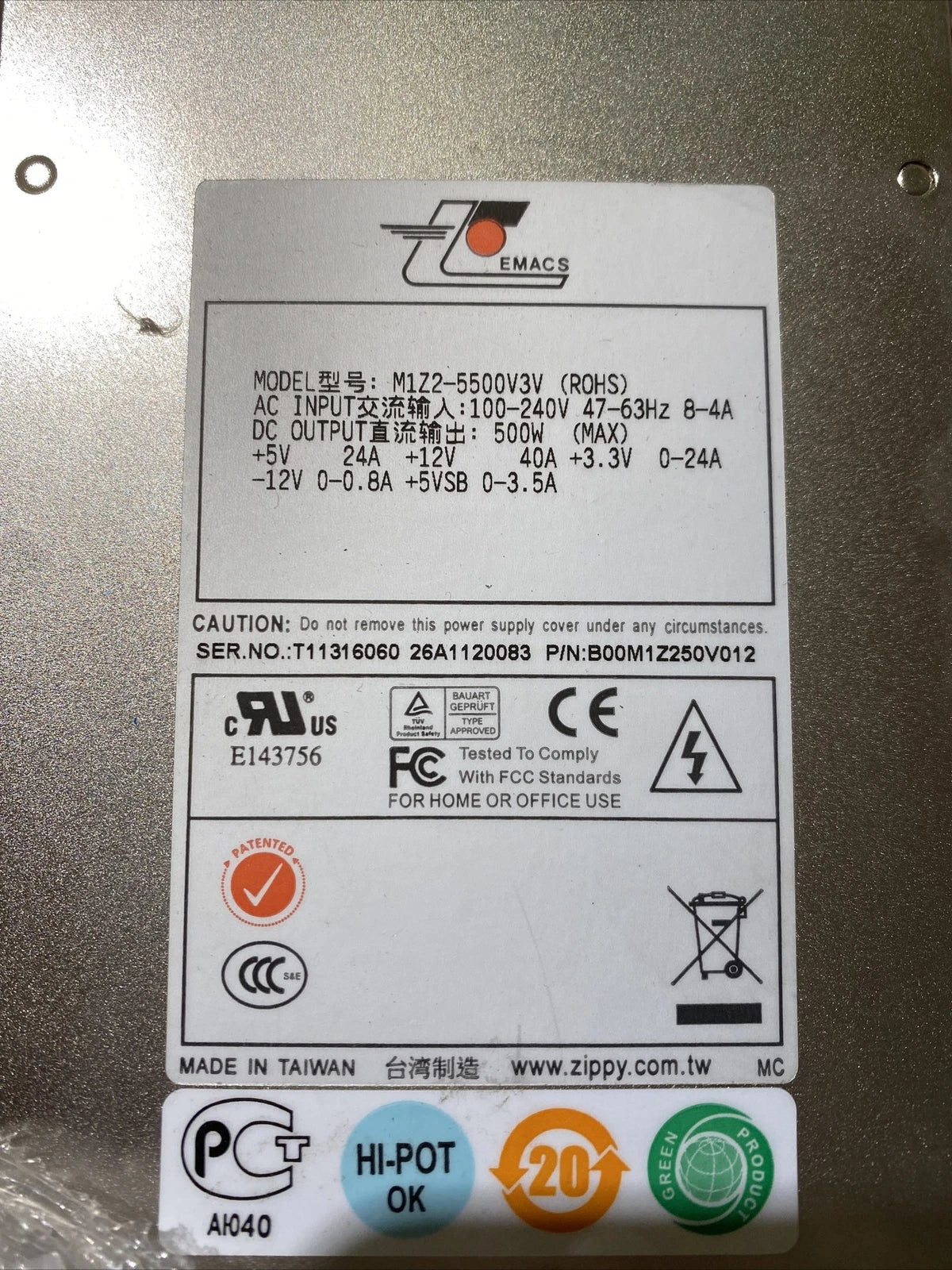 Emacs Zippy M1Z2-5500V3V Redundant Hot-Swap 500W Power Supply w/2x M1Z-5500V|166233206570