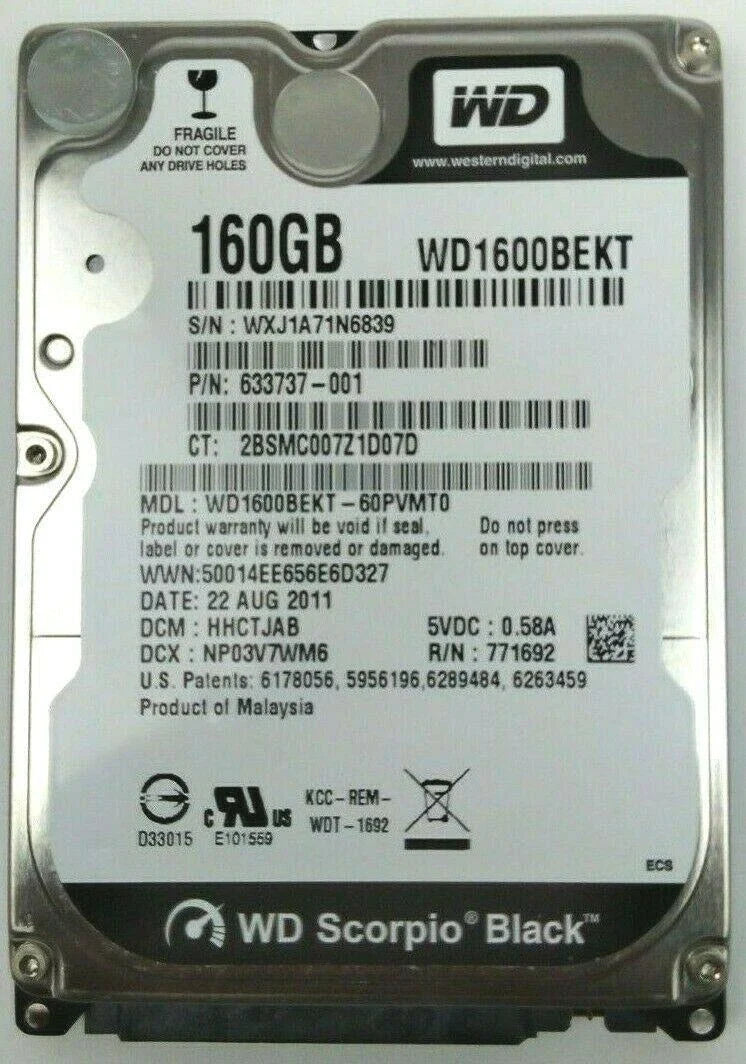 Western Digital 160GB 7200 RPM 16MB Cache SATA 3.0Gb/s 2.5" Scorpio Black Internal Notebook Hard Drive - WD1600BEKT