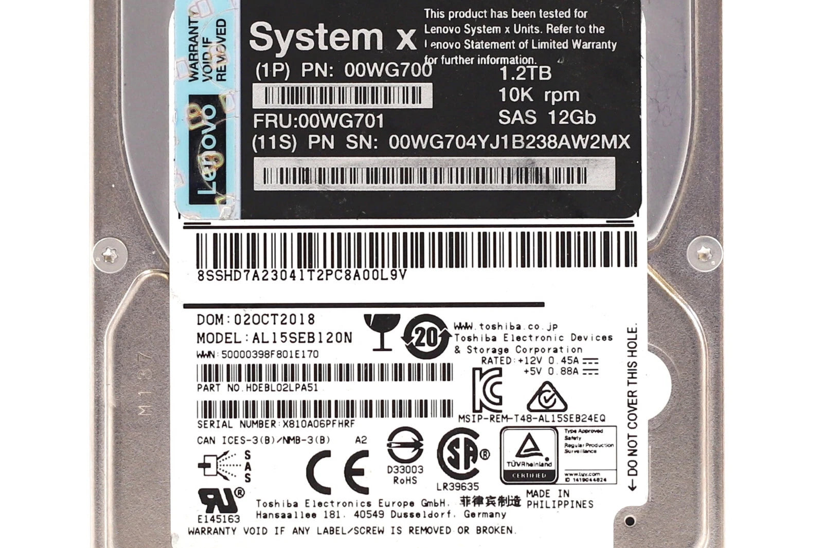 Lenovo AL15SEB120N 1.2TB 2.5" 12Gb/s 10K RPM SAS Drive FRU P/N: 00WG701 Tested - aloinfousa.com