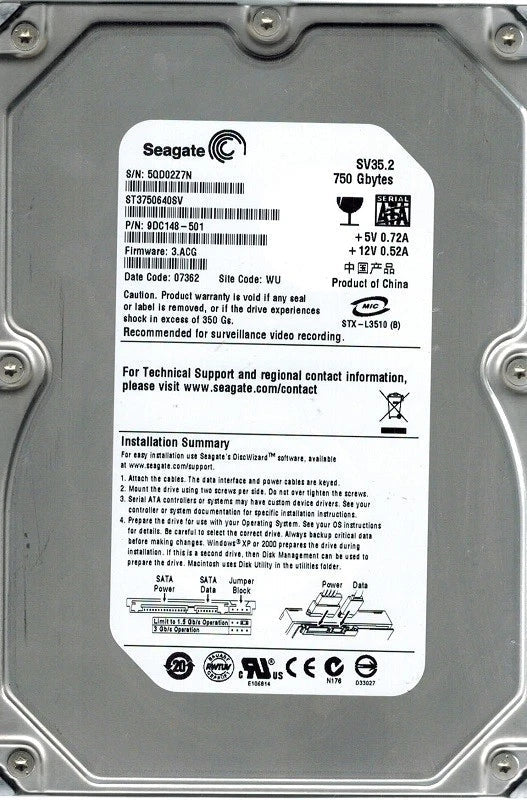 Seagate 750GB SV35.2 7200rpm 16MB Cache SATA 3.0Gb/s Internal Hard Drive - ST3750640SV (Like New)