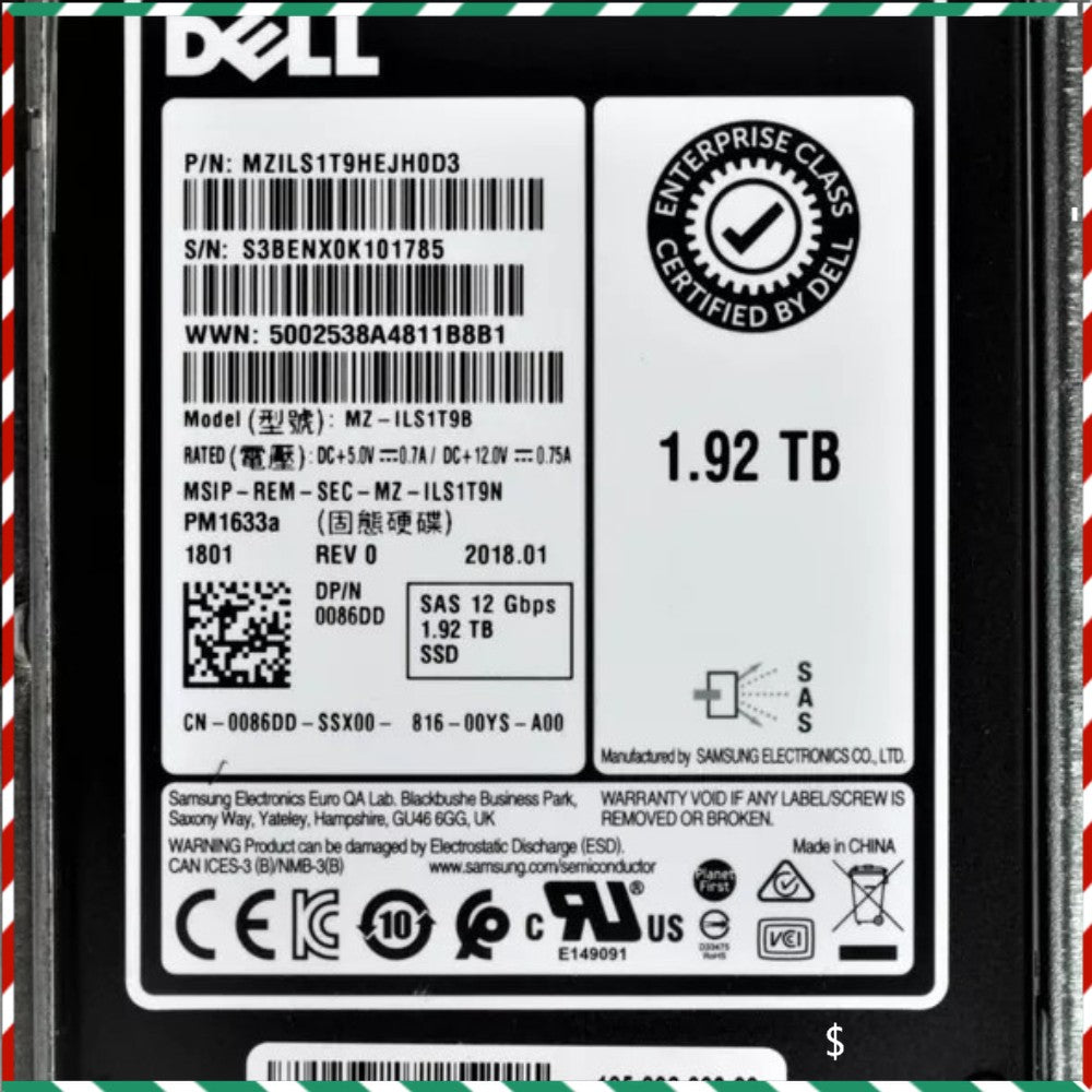 086DD 0086DD Dell Enterprise 1.92TB 2.5''SAS 12Gbps Hotplug SSD 14/15/16G KIT