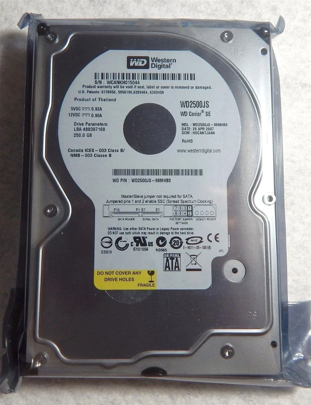 Western Digital 250GB 7200 RPM 8MB Cache SATA 3.0Gb/s 3.5" Hard Drive - WD2500JS