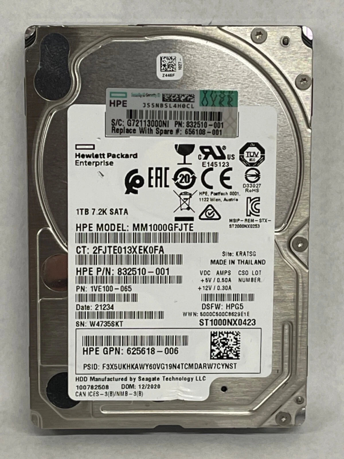 MM1000GFJTE 1TB 7.2K 832510-001 HP Enterprise SAS Hard Drive Tested Formatted