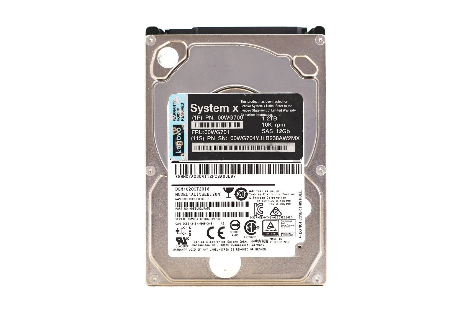 Lenovo AL15SEB120N 1.2TB 2.5" 12Gb/s 10K RPM SAS Drive FRU P/N: 00WG701 Tested