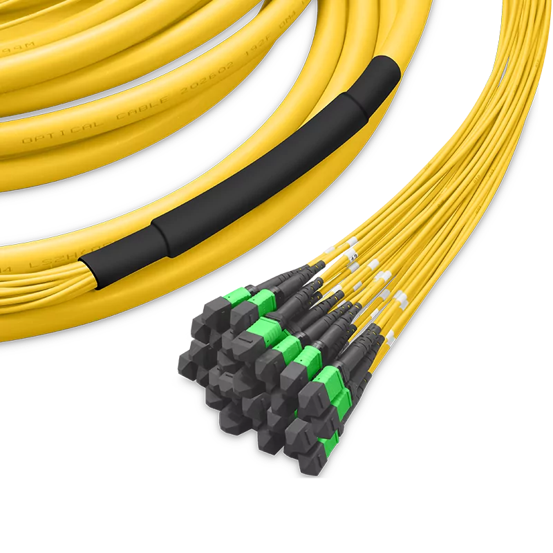 Pre-terminated MPO 4x4 Shuffle Trunk Cable, 256 Fibers, 32 x MPO-8 APC (Male) to 32 x MPO-8 APC (Male), Single Mode (OS2), Type 4, LSZH, 0.35dB Max, Breakout 80cm, Yellow