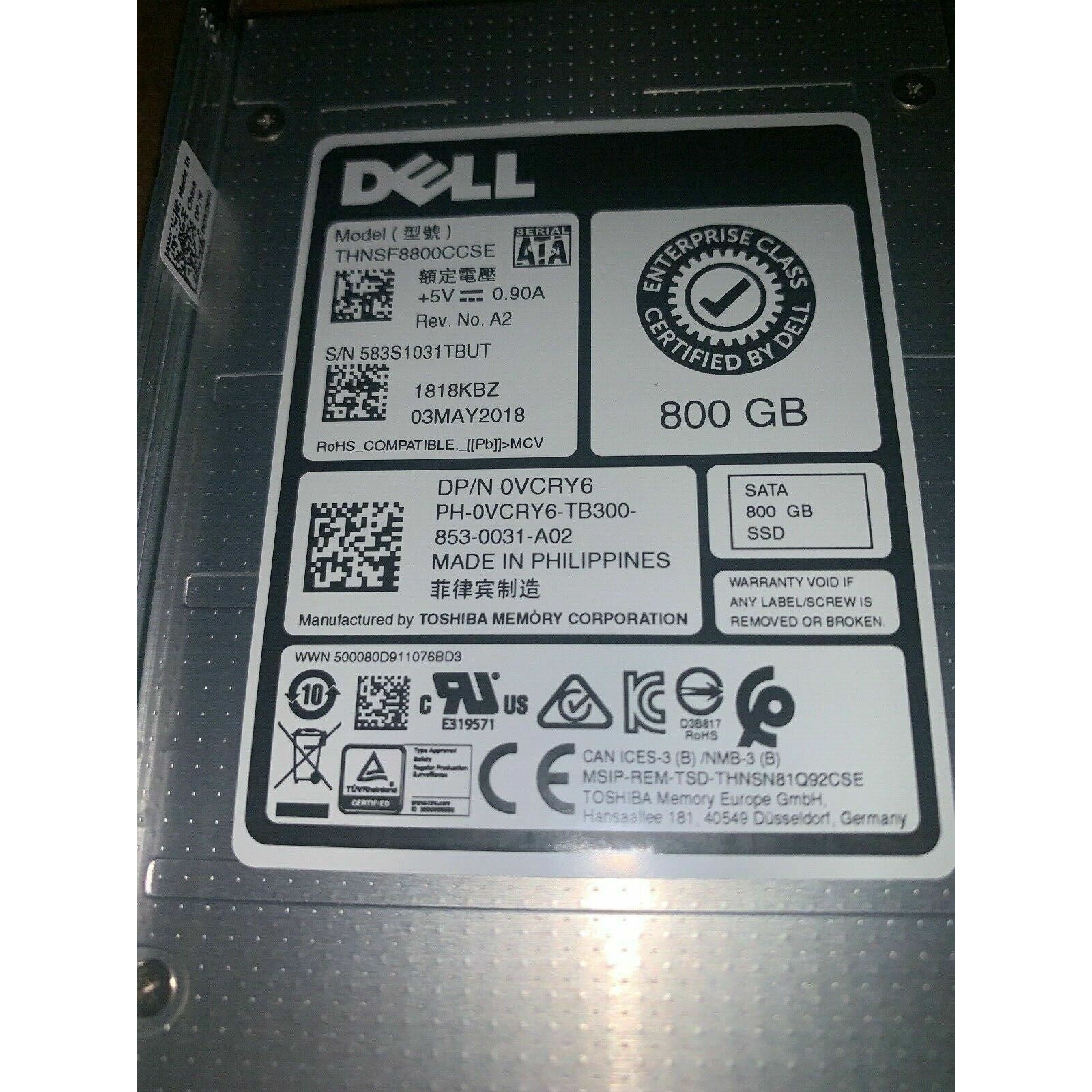 Dell VCRY6 800GB Enterprise 2.5" SATA 6GBPS MLC SSD THNSF8800CCSE - AloinfoUSA