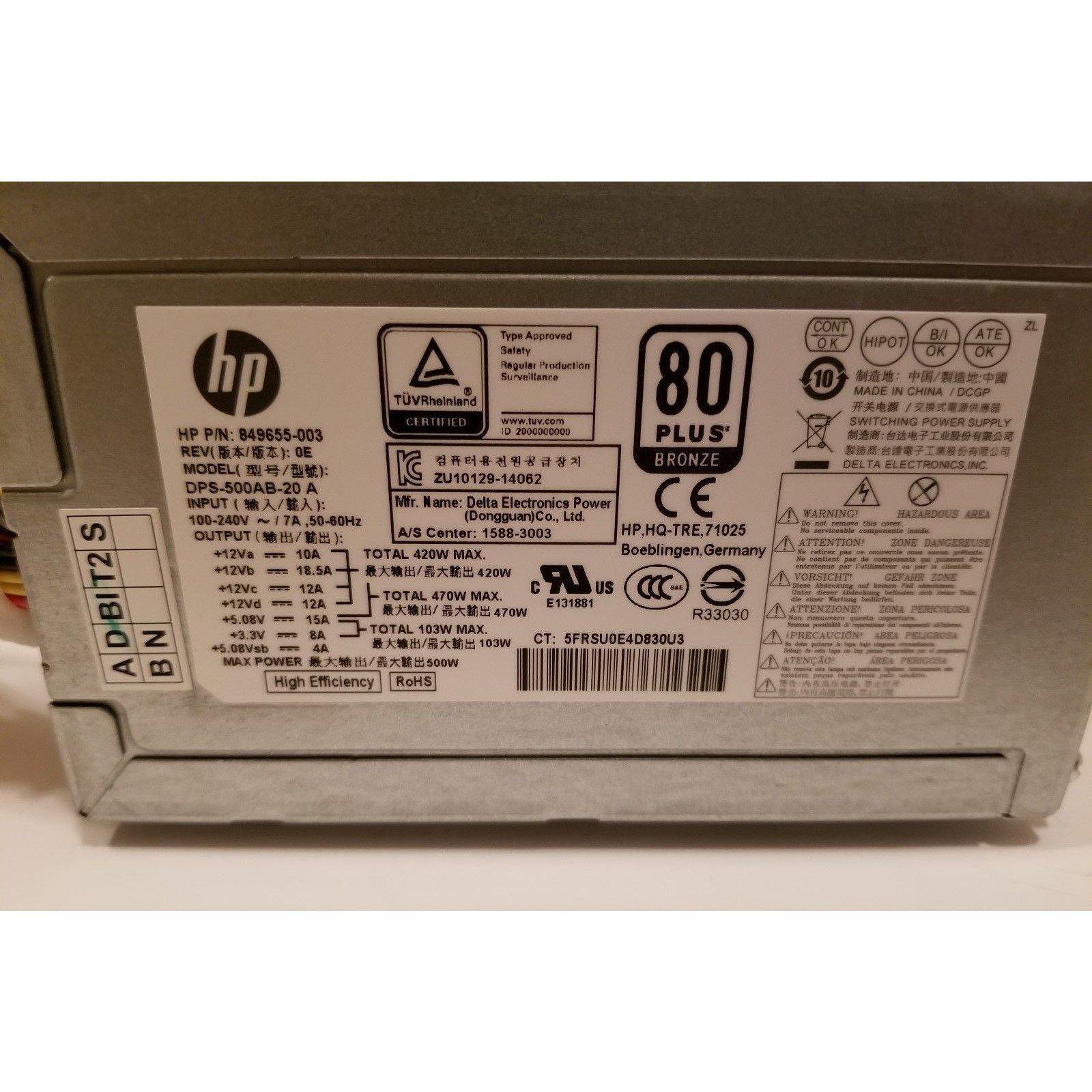 Genuine Hp 500W Model DPS-500AB-20 A P/N 849655-003 80 Plus Bronze Power Supply - AloinfoUSA