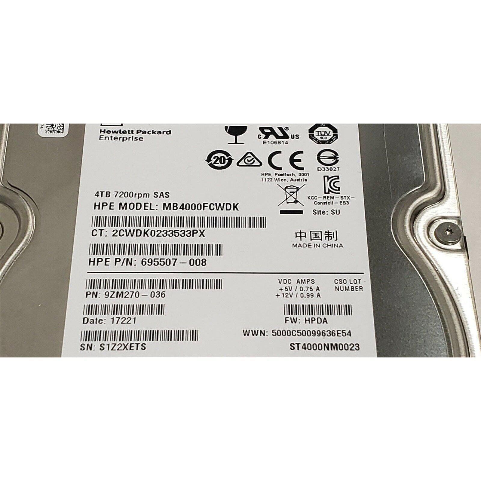 HP 4TB 7.2K SAS Server Hard Drive 6G MB4000FCWDK 695507-008 3.5" - AloinfoUSA