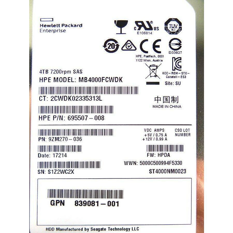 HP 839081-001 4TB SAS 3.5 7.SK 6G SC HARD DRIVE 695507-008 844894-001 - AloinfoUSA