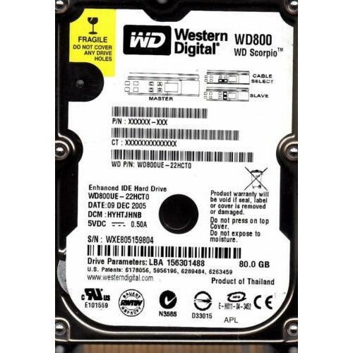 Western Digital WD800UE-22HCT0 dcm: HYHTJHNB sn: WXE80 80GB IDE B21-29 disco - MFerraz Tecnologia