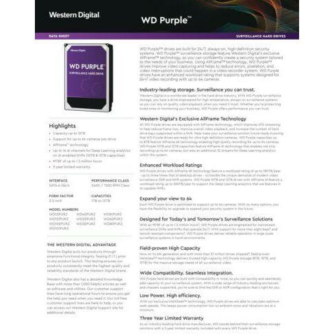 WD Purple WD121PURZ 12TB Surveillance 7200 RPM 3.5" SATA lll Internal 6 Gb/s - MFerraz Tecnologia