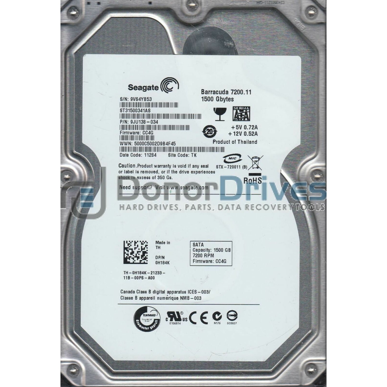 ST31500341AS, 9VS, TK, PN 9JU138-034, FW CC4G, Seagate 1.5TB SATA 3.5 Hard Drive - AloinfoUSA