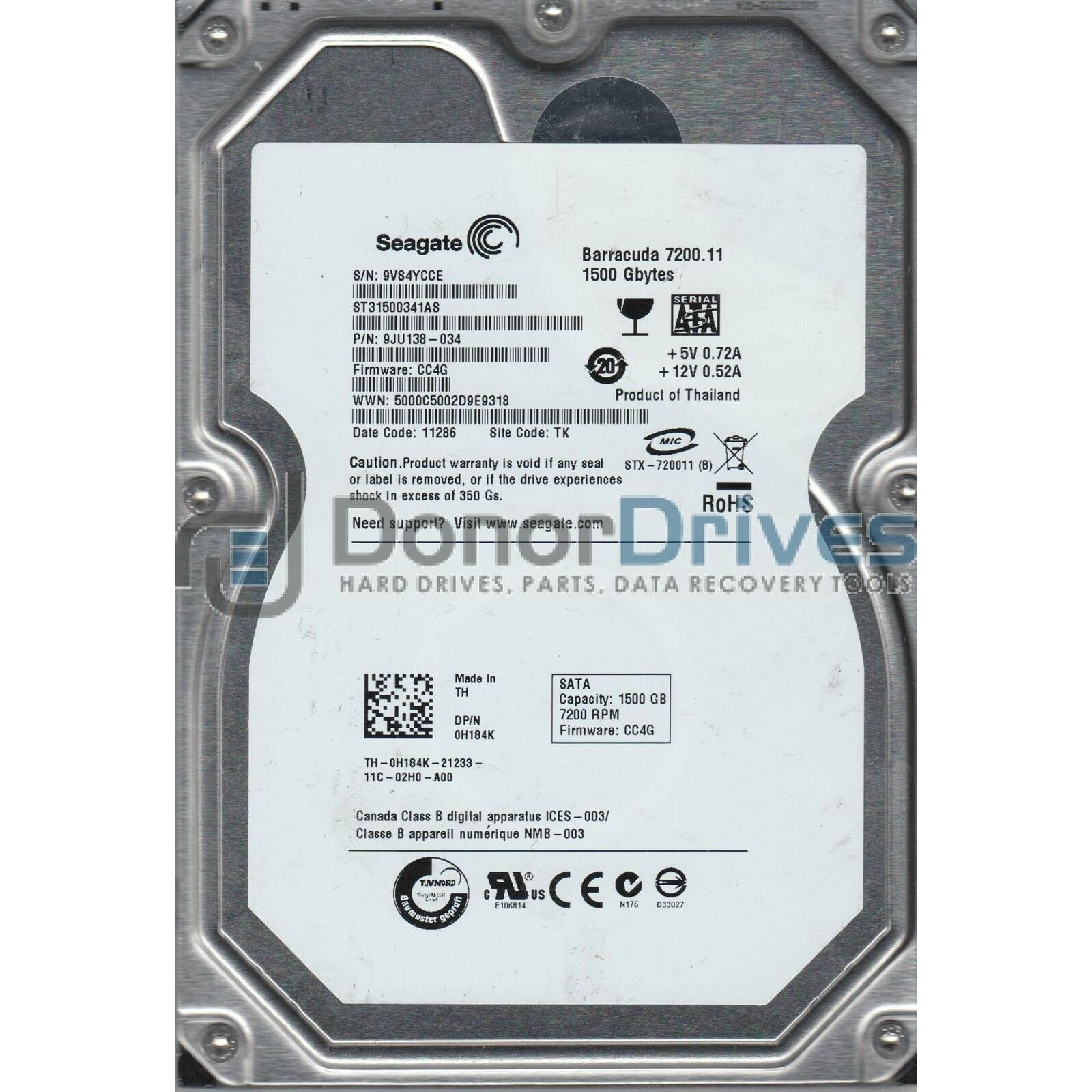 ST31500341AS, 9VS, TK, PN 9JU138-034, FW CC4G, Seagate 1.5TB SATA 3.5 Hard Drive - AloinfoUSA