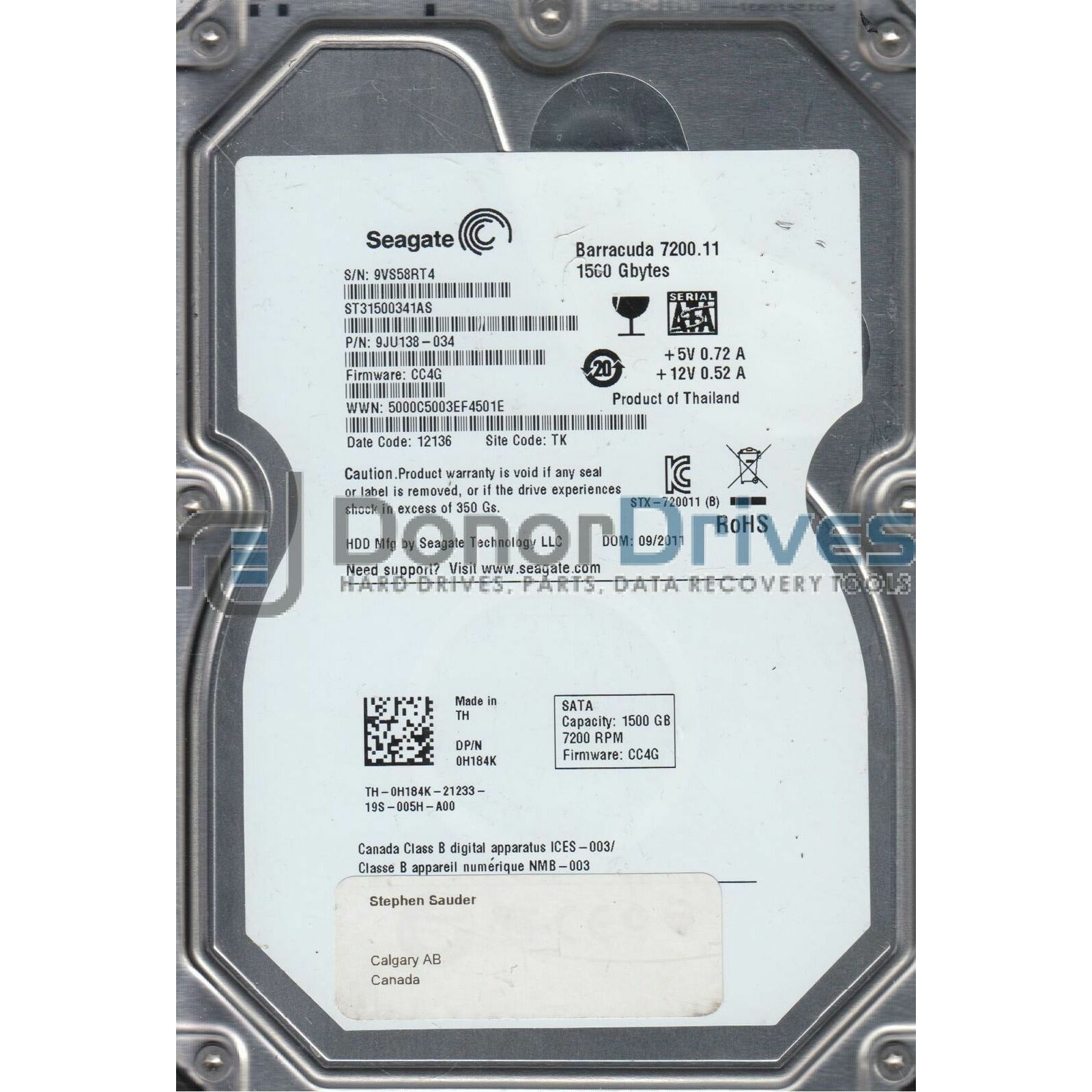 ST31500341AS, 9VS, TK, PN 9JU138-034, FW CC4G, Seagate 1.5TB SATA 3.5 Hard Drive - AloinfoUSA
