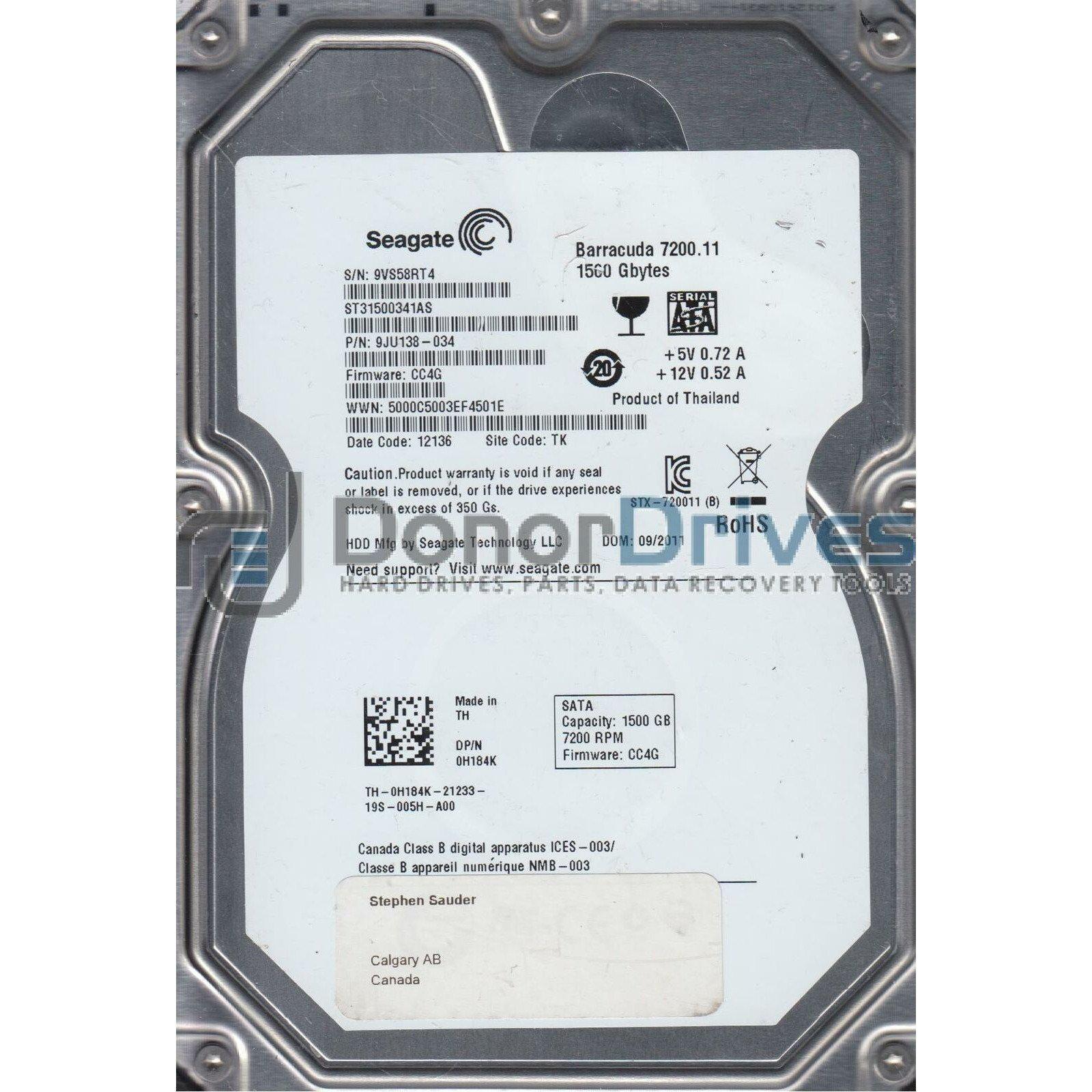 ST31500341AS, 9VS, TK, PN 9JU138-034, FW CC4G, Seagate 1.5TB SATA 3.5 Hard Drive