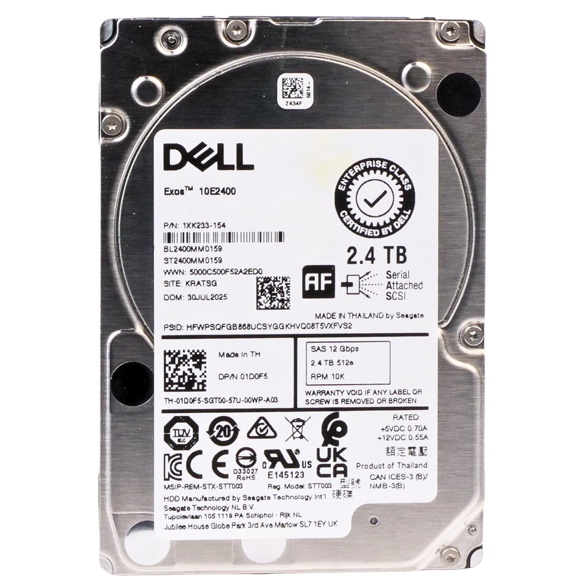 Dell/Seagate Exos 10E2400 ST2400MM0159 2.4TB 10K RPM SAS 12Gb/s 512e 256MB 2.5in Refurbished HDD