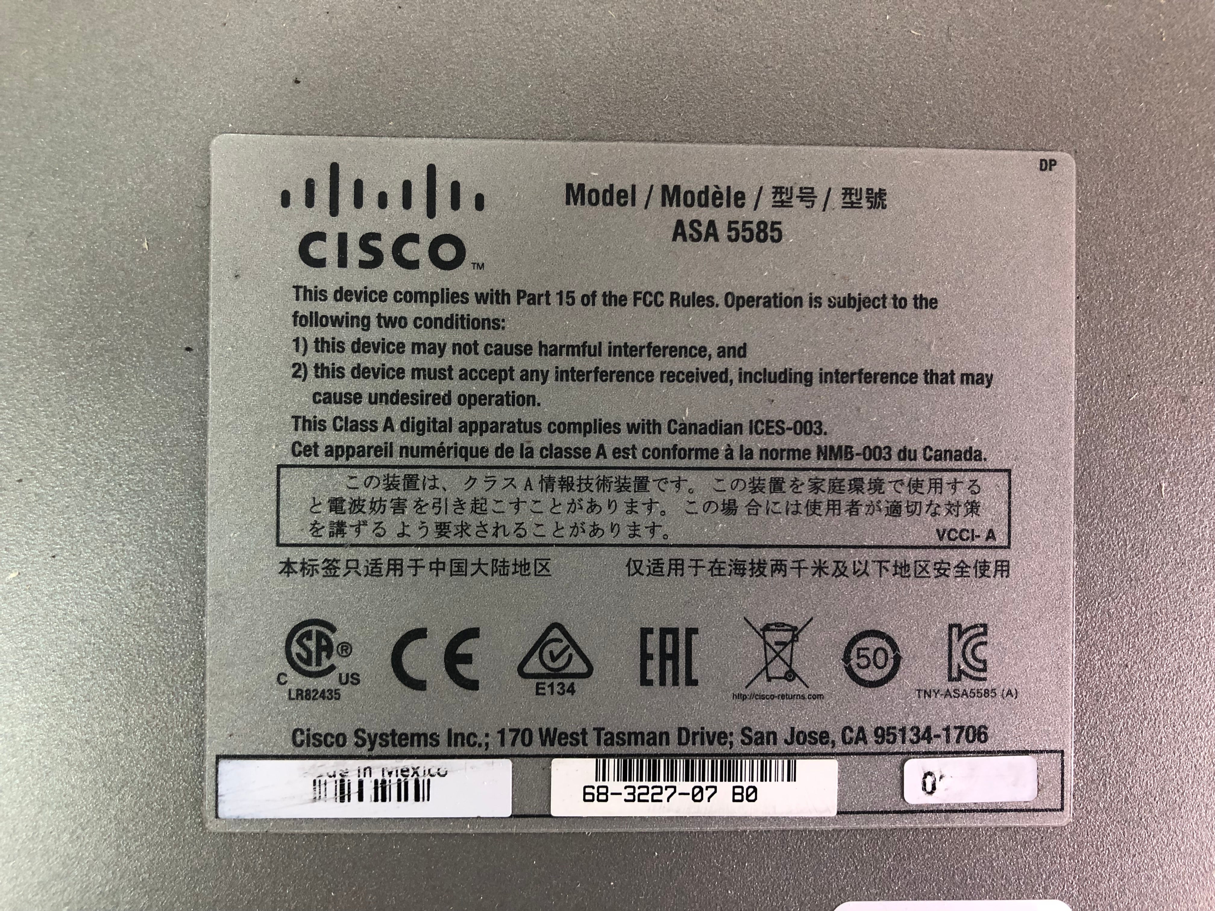 Cisco ASA 5585-X Adaptive Security Appliance 2x SFR SSP-10, RMK, No PSU
