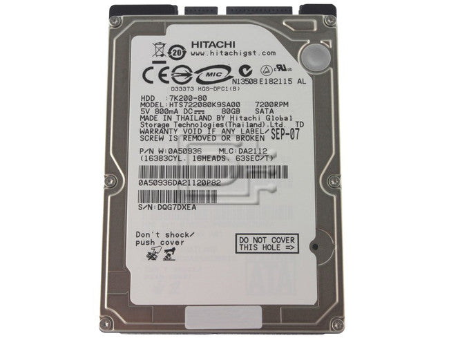 Hitachi 80GB (0A50936) Travelstar 2.5" 7K200 SATA 7200rpm 16MB HTS7220080K9SA00 RoHS Laptop Hard Drive