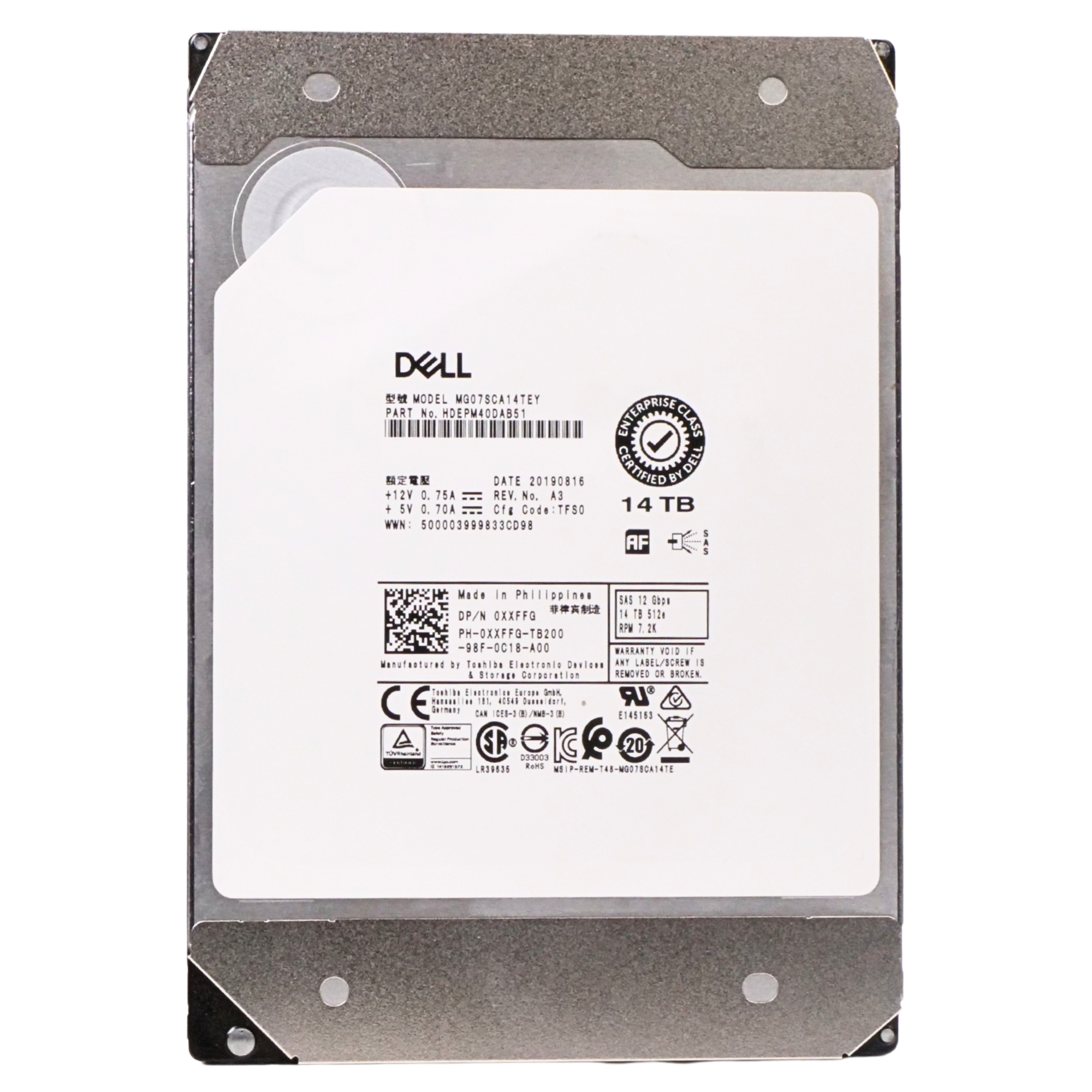 Dell/Toshiba MG07SCA13TEY 14TB 7.2K RPM SAS 12Gb/s 512e 256MB 3.5in HDD