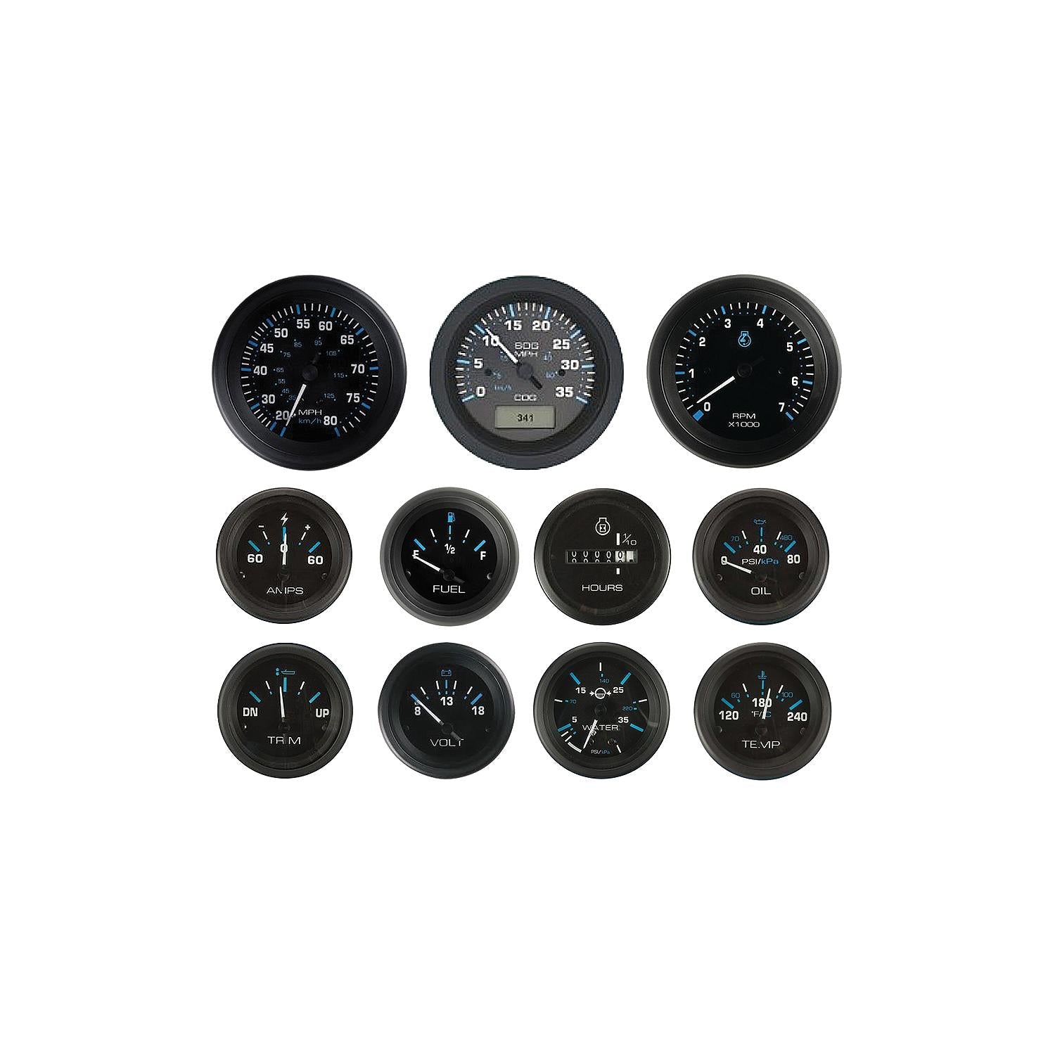 Sierra 68413P Eclipse Series Black 6-Gauge Set, For Inboard/Sterndrive, Tach/Speedo/Volt/Fuel/Temp/Oil