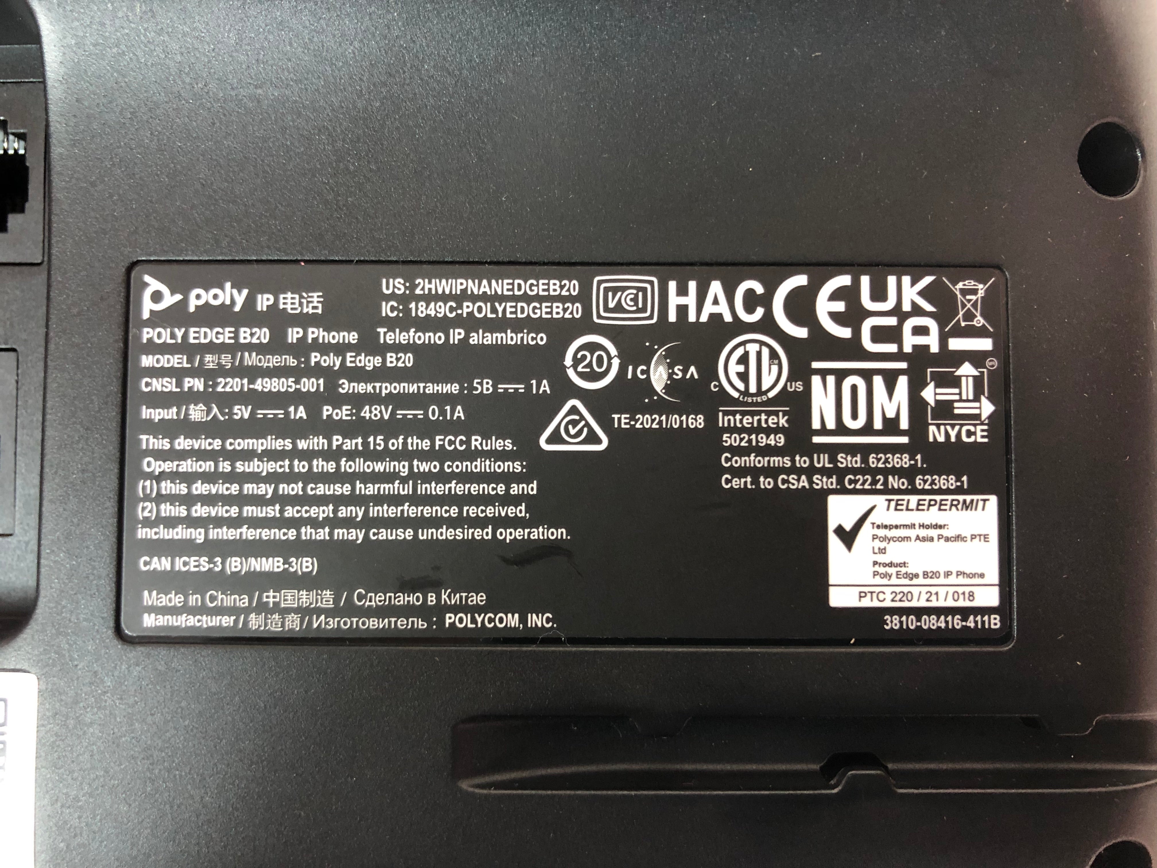 Polycom Poly Edge B20 IP phone set, 2201-49805-001, 48V adapter