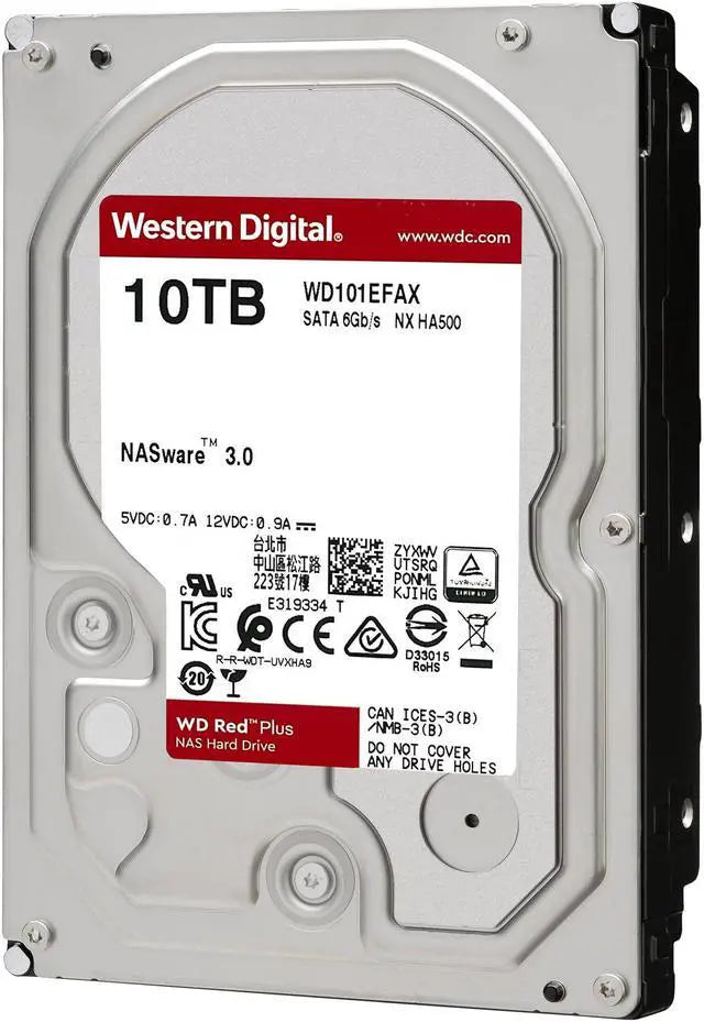 WD Red Plus 10TB NAS Hard Disk Drive - 5400 RPM Class SATA 6Gb/s, CMR, 256MB Cache, 3.5 Inch - WD101EFAX