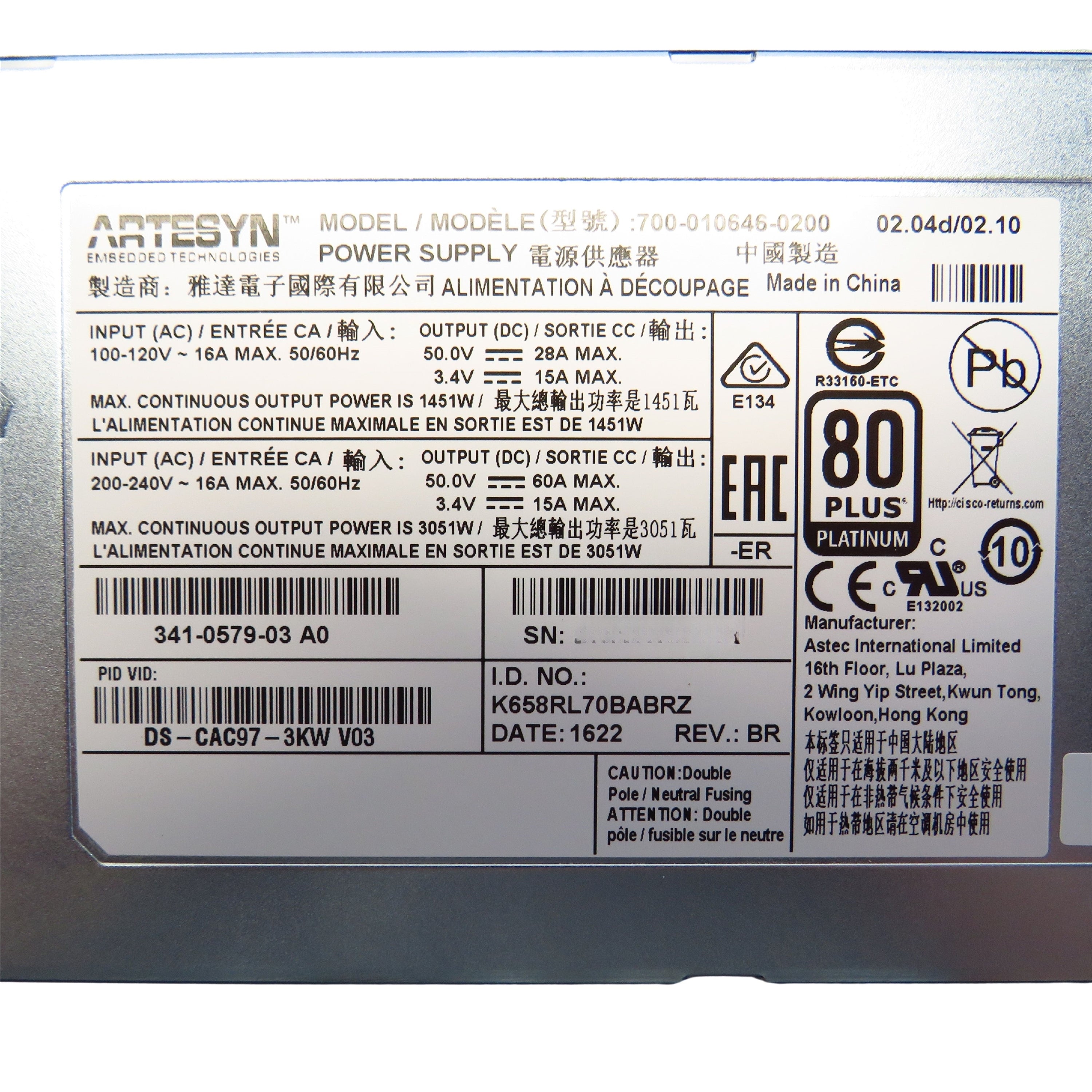 Cisco DS-CAC97-3KW MDS 9700 3000W AC Power Supply (Refurbished)