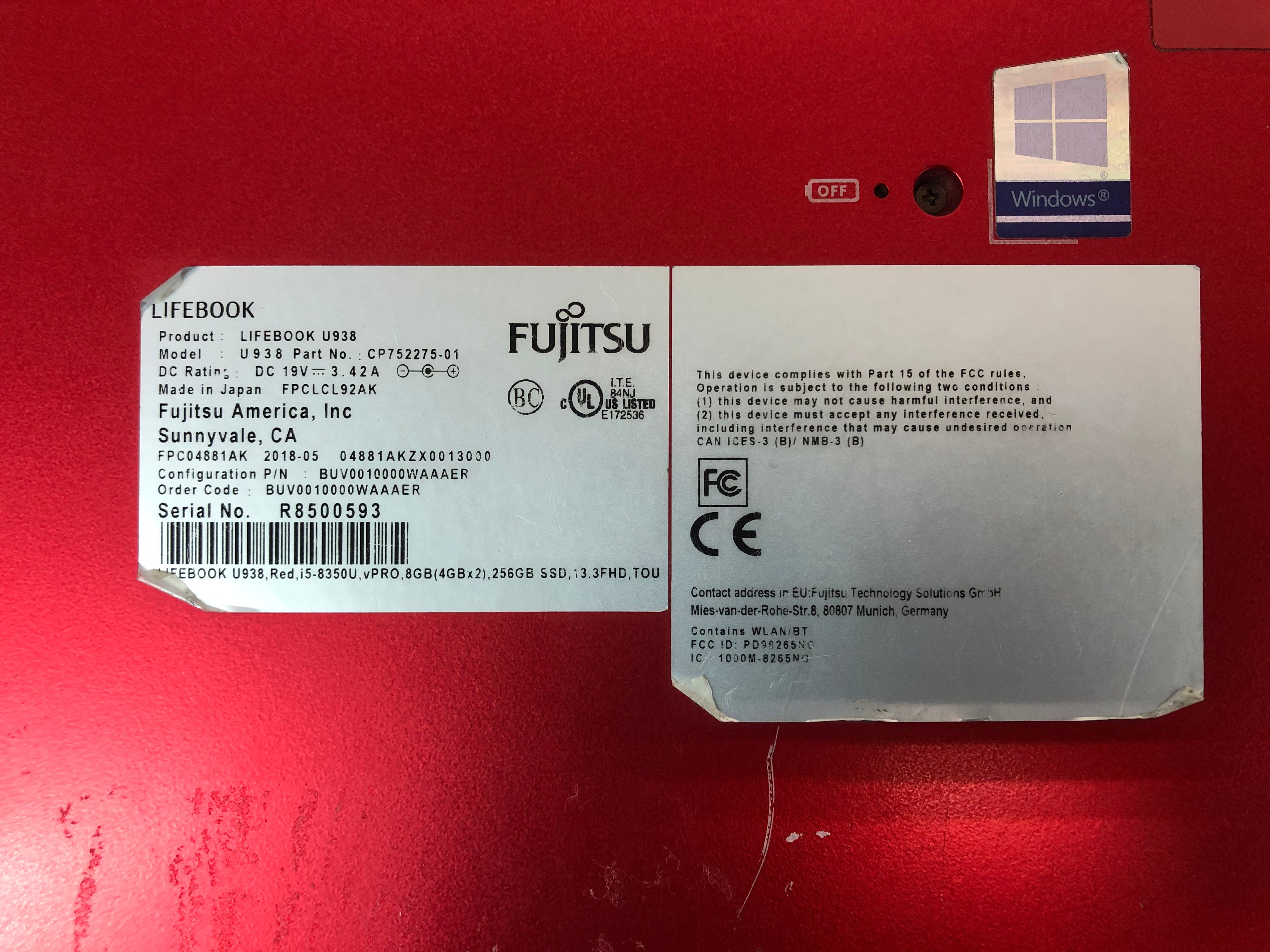 Fujitsu Lifebook U938 13.3” i5-8350U, 8GB/256GB, Touch Screen, Power adapter