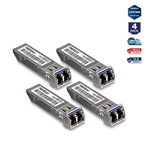 TRENDnet SFP Multi-Mode LC Module 4-Pack, TEG-MGBSX/4, Transmission Up to 550m (1804 Ft), Mini-GBIC, Hot Pluggable, IEEE 802.3z Gigabit Ethernet, Supports Up to 1.25 Gbps, Lifetime Protection|B08KBZN3C6