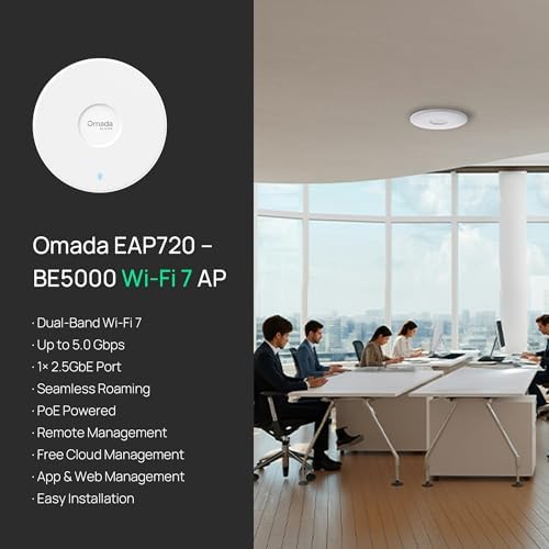 TP-Link Omada WiFi 7 Wireless Access Point | BE5000 Dual Band | 2.5G Port | PoE or DC Powered & Adapter Included | Seamless Roaming | Easy Setup | 5-Year Warranty | Remote Managed(EAP720