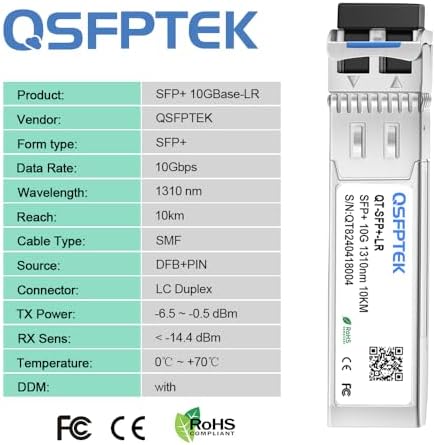 QSFPTEK 4Packs 10GBASE-LR Transceiver, 10G SFP+ Patch Module, 1310nm, 10km, DDM LC, 10Gbe Ethernet Mini-GBIC for Cisco SFP-10G-LR, Ubiquiti UF-SM-10G, Mikrotik, Netgear, Qnap NAS, D-Link|B08P4MFPD5