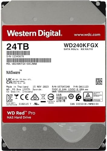 Western Digital 20TB WD Red Pro NAS Internal Hard Drive HDD - 7200 RPM, SATA 6 Gb/s, CMR, 512 MB Cache, 3.5" - WD201KFGX|B09TBF6GHJ