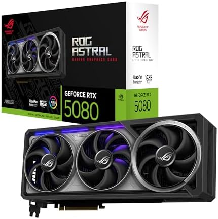ASUS ROG Astral GeForce RTX™ 5080 OC Edition Gaming Graphics Card (PCIe® 5.0, 16GB GDDR7, HDMI®/DP 2.1, 3.8-Slot, 4-Fan Design, Axial-tech Fans, Patented Vapor Chamber, Phase-Change GPU Thermal pad