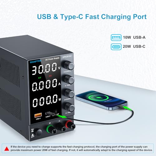 DC Power Supply Variable 0-30V 0-10A, Adjustable Switching Regulated Bench Power Supplies with Encoder Coarse & Fine Knob, 3.6A USB & Type-C Quick-Charge, OCP Overcurrent Protection